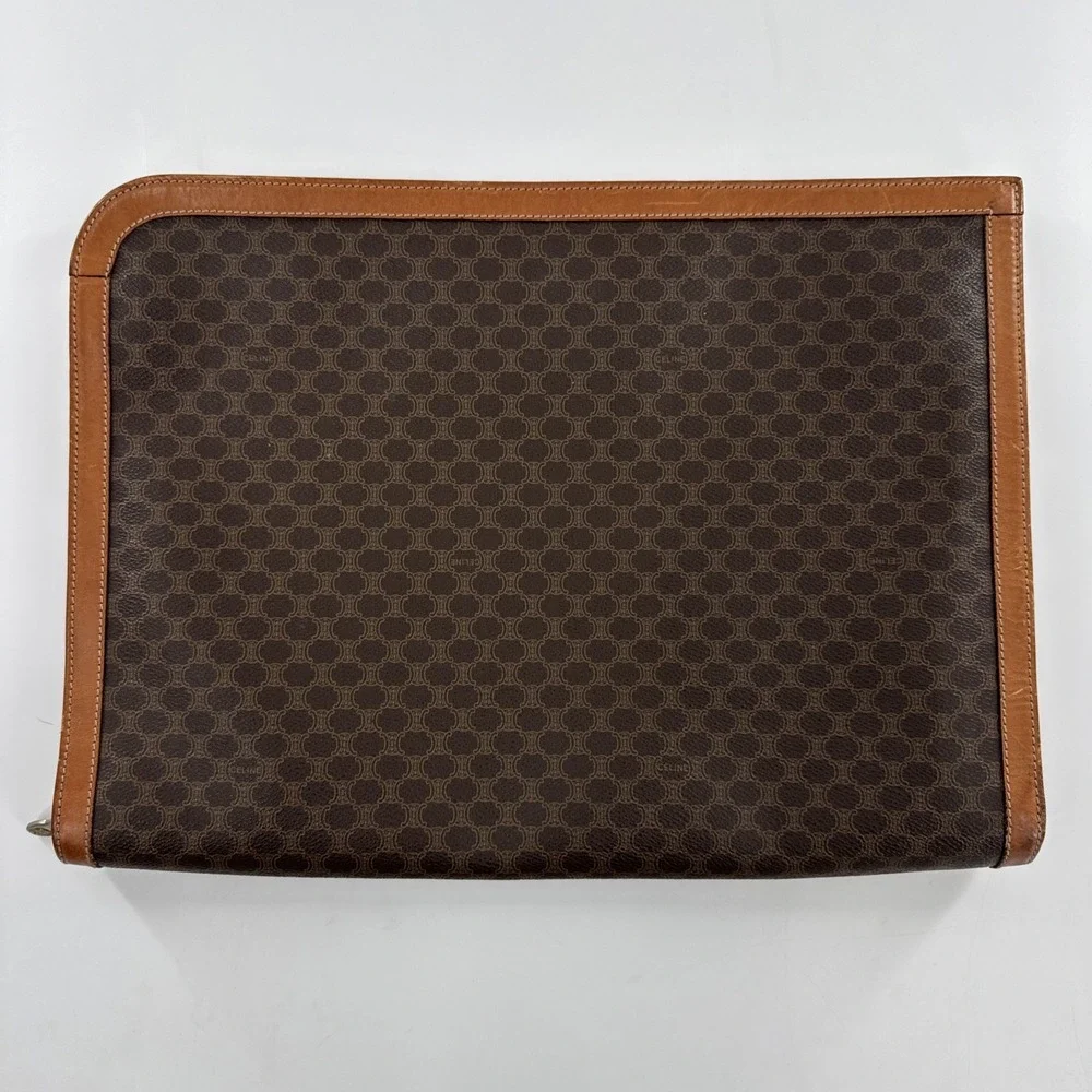 Vintage CELINE Macadam Canvas Briefcase PVC Leather Brown M11 Zippered Laptop